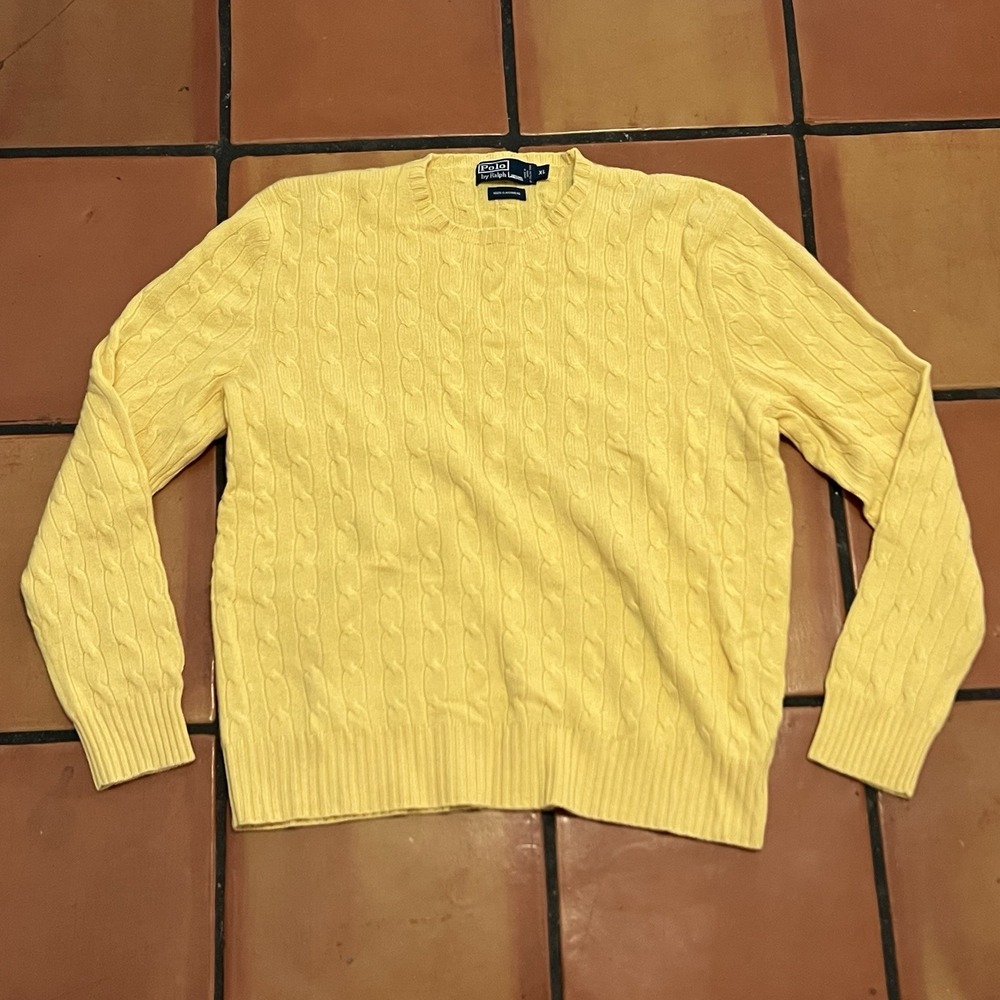 Men's Ralph Lauren Polo Yellow Cashmere Cable Knit Sweater Size XL